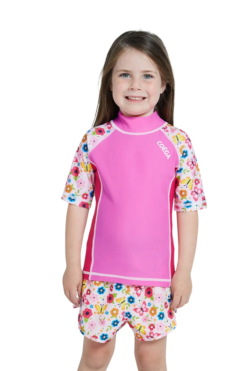 COEGA  Girls Kids Rashguard Short Sleeve - Pink Rosey Flowers